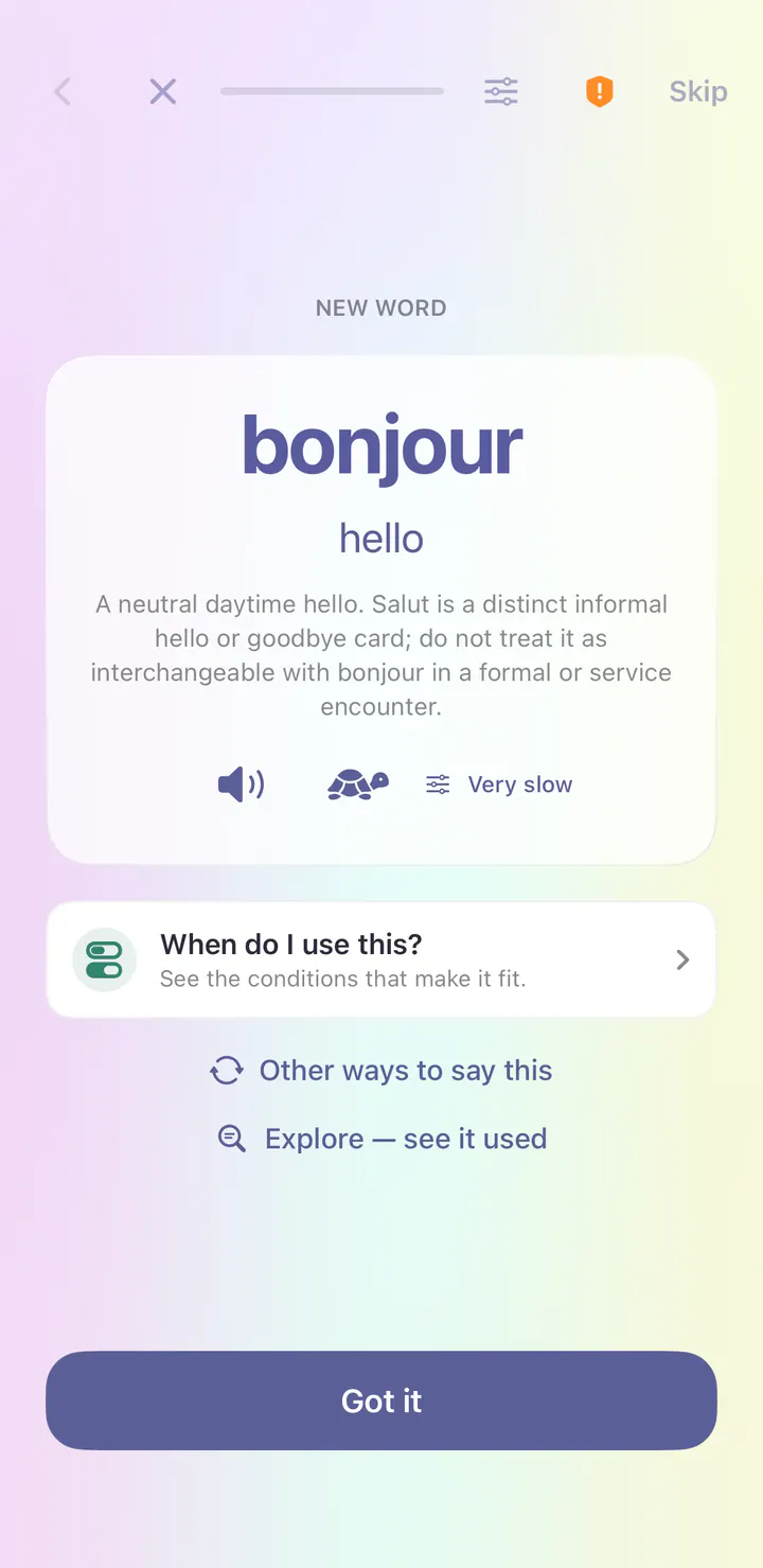 بطاقة كلمة جديدة في دورة الفرنسية: bonjour، بمعنى مرحبًا، مع تسجيل صوتي بسرعة عادية وبطيئة جدًا.